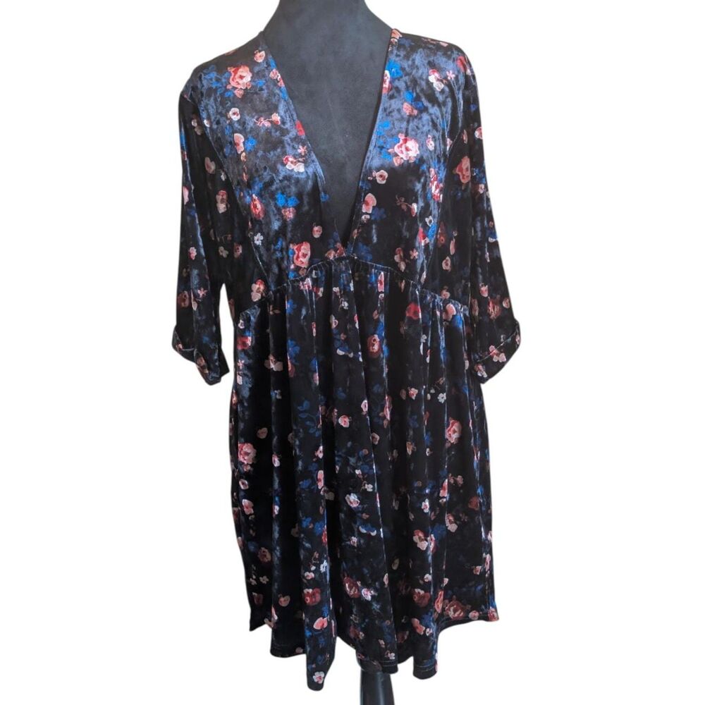 Natural Life Womens Large Black Crushed Velvet Floral Babydoll Dress V Neck L